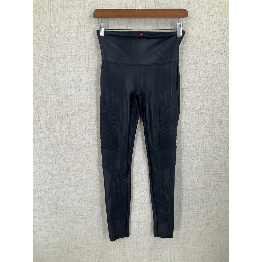 Spanx Faux Leather Moto Leggings Womens Medium Black Nylon Ribbed Edgy